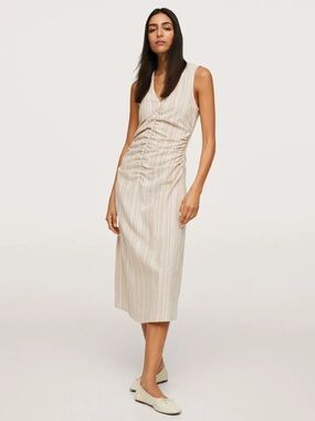 NWT Mango Ruched Linen Dress Beige Striped $140. Sleeveless Size 8